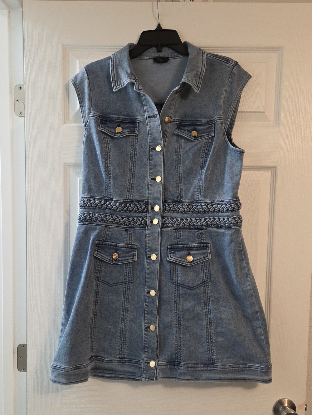 bebe Light Wash Denim Button-Up Dress with Braided Waist